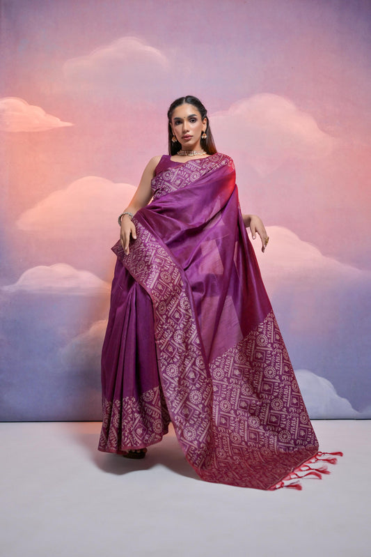 Cerise Purple Handloom Woven Raw Silk Saree With Blouse Piece With Fancy Tassels