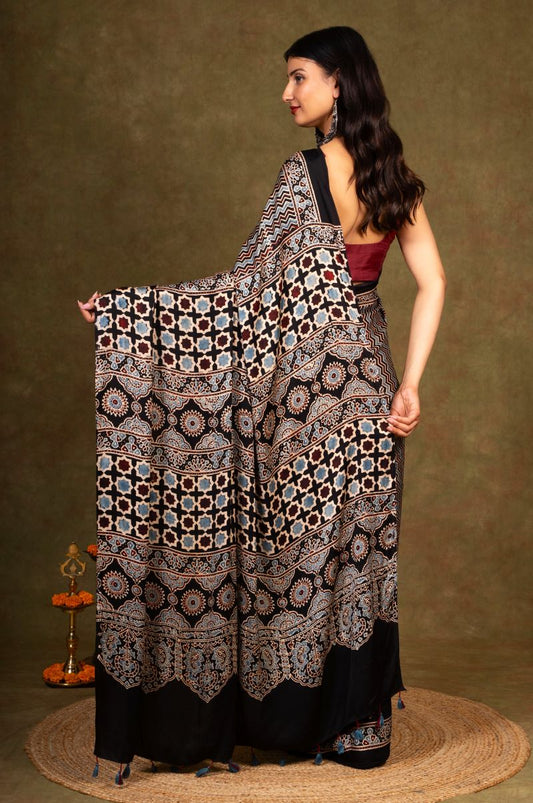 Black Chevron By Paisley Ajrakh Modal Silk Saree