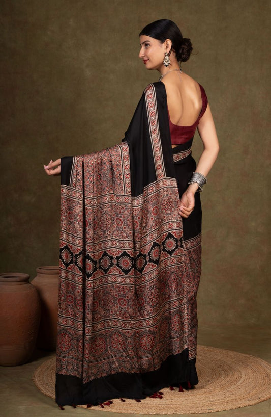 Black Earthy Jaal Ajrakh Modal Silk Saree