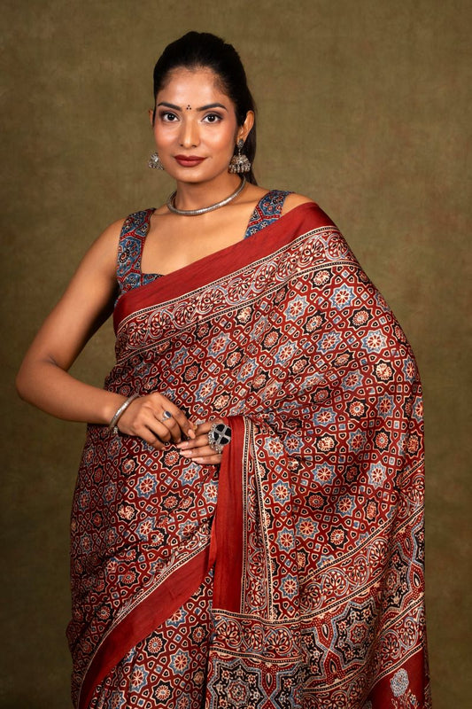 Maroon Starry Minkundi Ajrakh Modal Silk Saree