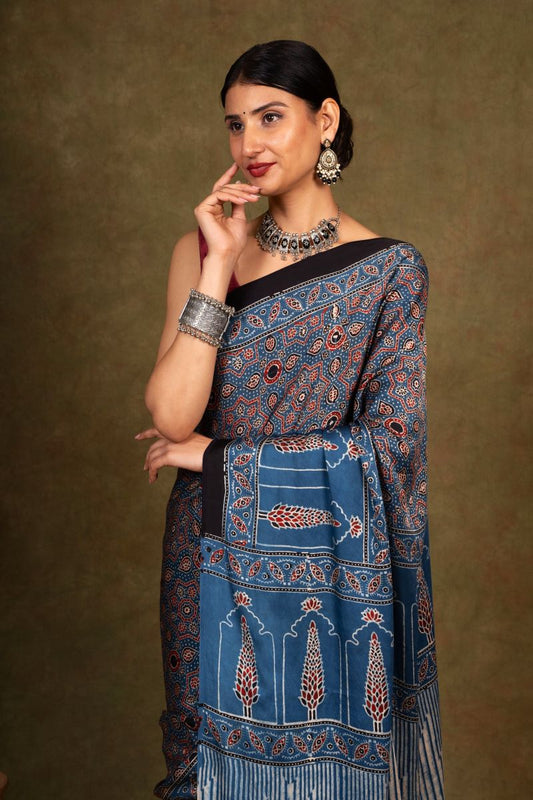 Indigo Pine Ajrakh Modal Silk Saree