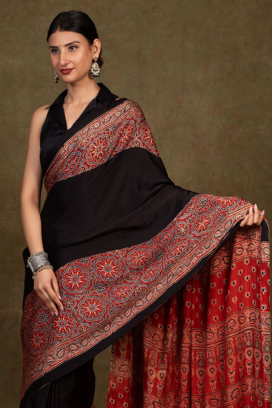 Black By Red Jaal Ajrakh Modal Silk Saree