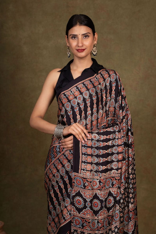 Black Chevron Arrow Ajrakh Modal Silk Saree