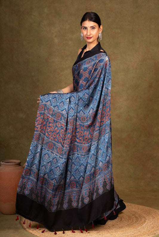Indigo Hexa String Ajrakh Modal Silk Saree