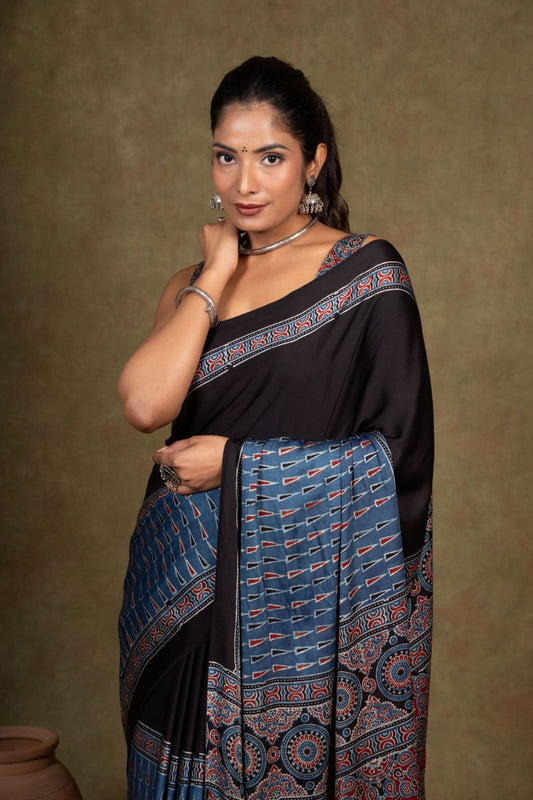 Black By Blue Tikon Ajrakh Modal Silk Saree