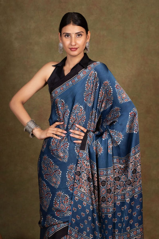 Indigo Ooid Floral Ajrakh Modal Silk Saree
