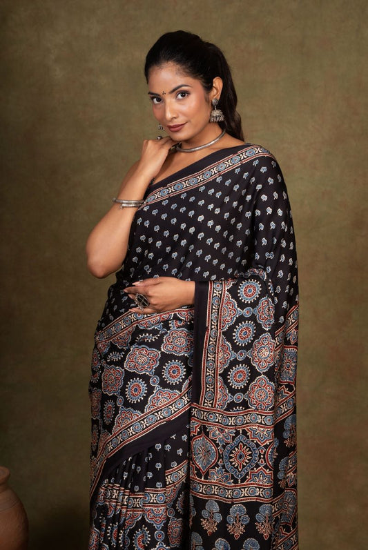 Black Buti by Riyal Ajrakh Modal Silk Saree