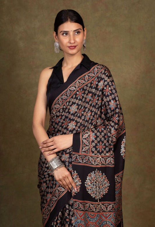 Black Starry Ajrakh Modal Silk Saree