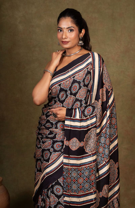 Black Riyal Ajrakh Modal Silk Saree