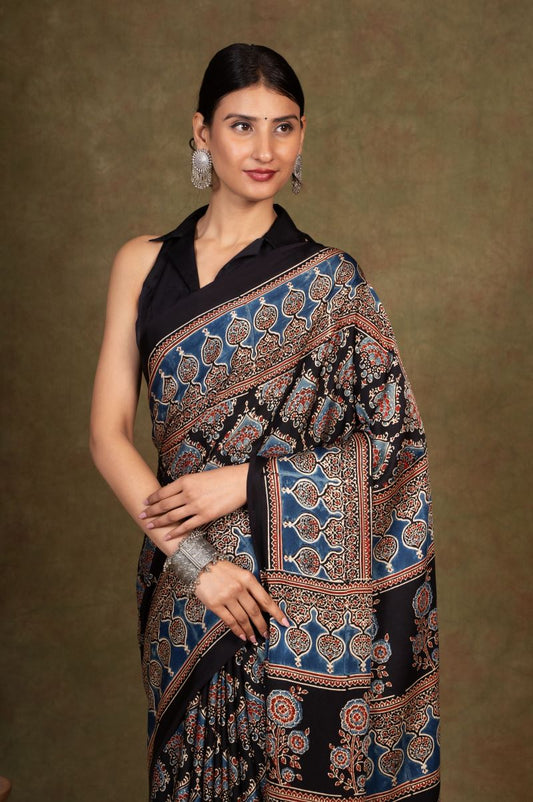 Black Beetal Ajrakh Modal Silk Saree