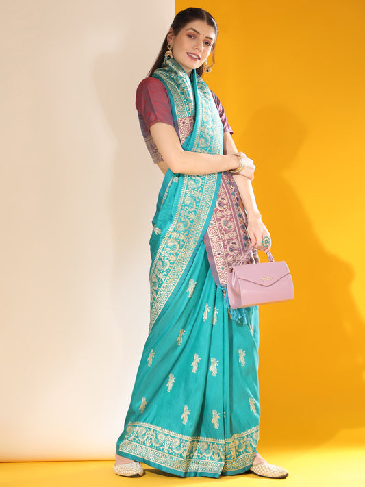 Dodger Blue Handloom Woven Raw Silk Saree With Blouse Piece