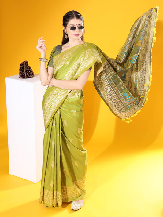 Forest Green Handloom Woven Raw Silk Saree With Blouse Piece