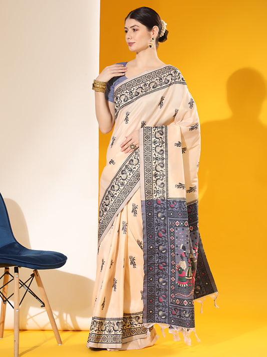 Mellow Cream Handloom Woven Raw Silk Saree With Blouse Piece