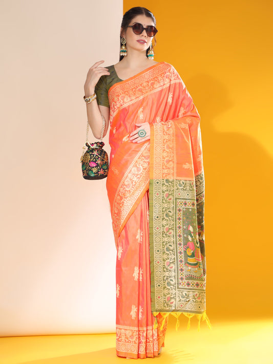 Spanish Orange Handloom Woven Raw Silk Saree With Blouse Piece