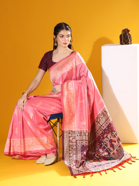 Brink Pink Handloom Woven Raw Silk Saree With Blouse Piece