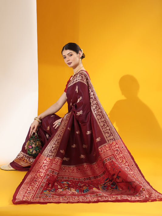 Jam Purple Handloom Woven Raw Silk Saree With Blouse Piece