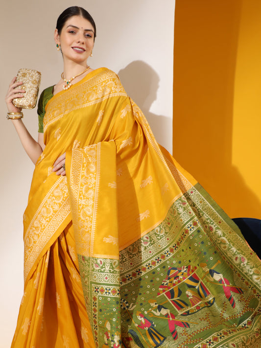 Daisy Yellow Handloom Woven Raw Silk Saree With Blouse Piece