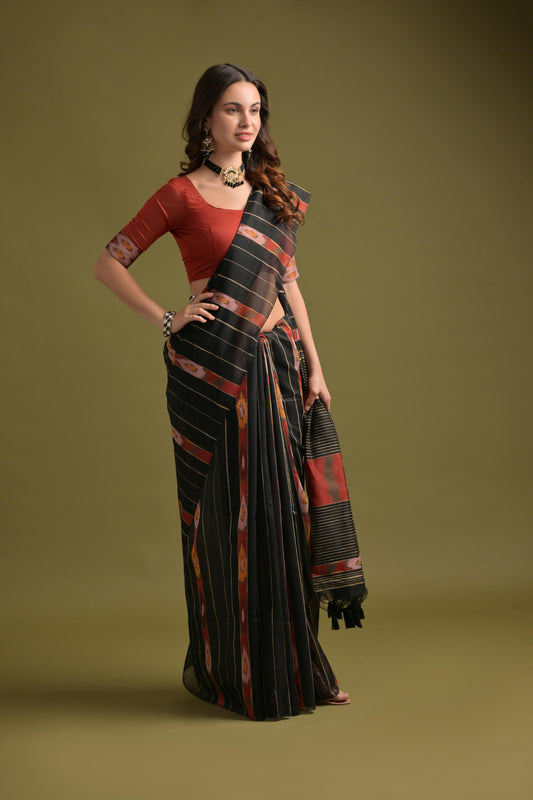 Crease Black Soft Ikkat Cotton Woven Saree