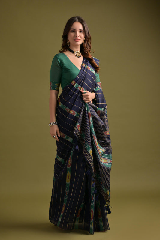 Mirage Dark Blue Soft Ikkat Cotton Woven Saree