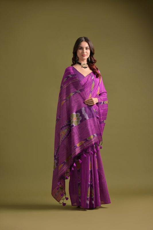 Berry Purple Soft Ikkat Cotton Woven Saree