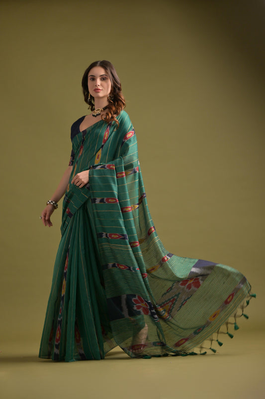Verdun Green Soft Ikkat Cotton Woven Saree