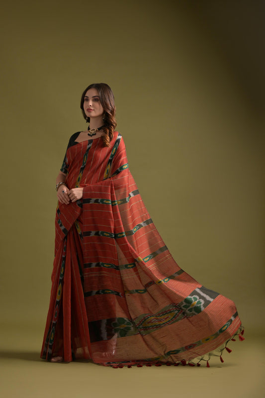 Smashed Pumpkin Orange Soft Ikkat Cotton Woven Saree