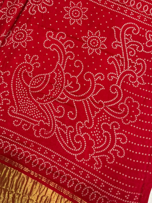 Red Gajji Silk Bandhani Hand Block Print Saree With Blouse
