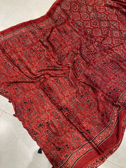 Sindoor Red 'Sheesha' Ajrakh Mirror Saree along with unstitched blouse