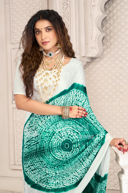 Sea Green And White Shibori Gola Bandhej Pure Modal Silk Saree With Blouse
