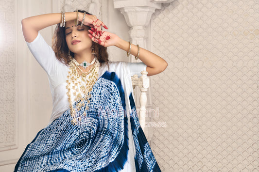 Neavy Blue And White Shibori Gola Bandhej Pure Modal Silk Saree With Blouse