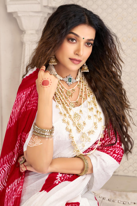 Red And White Shibori Gola Bandhej Pure Modal Silk Saree With Blouse