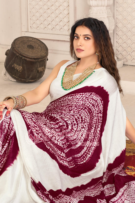 Maroon And White Shibori Gola Bandhej Pure Modal Silk Saree With Blouse