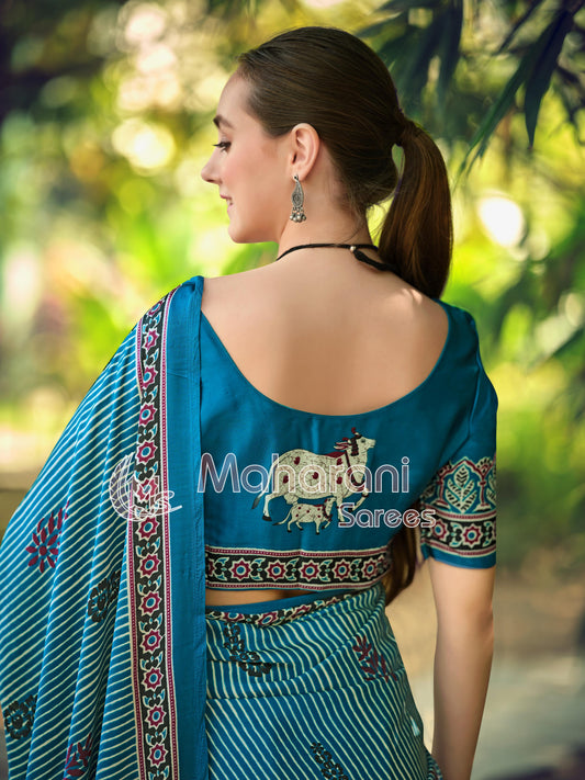 Luxe Rama Striped Ajrakh Hand-Printed Modal Silk Saree