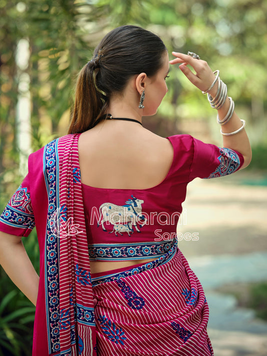 Rani Striped Ajrakh Hand-Printed Modal Silk Saree