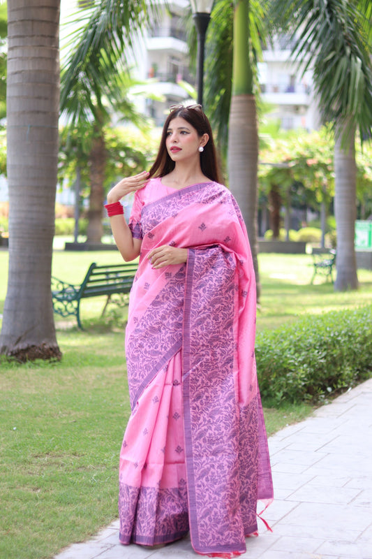 Salmon Pink Handloom Woven Raw Silk Saree With Blouse Piece