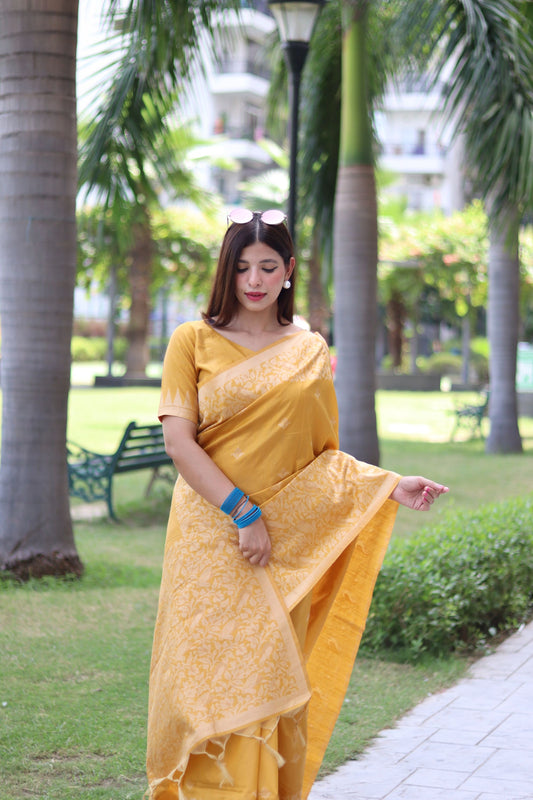 Imperial Yellow Handloom Woven Raw Silk Saree With Blouse Piece