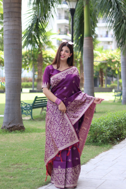 Boysenberry Purple Handloom Woven Raw Silk Saree With Blouse Piece