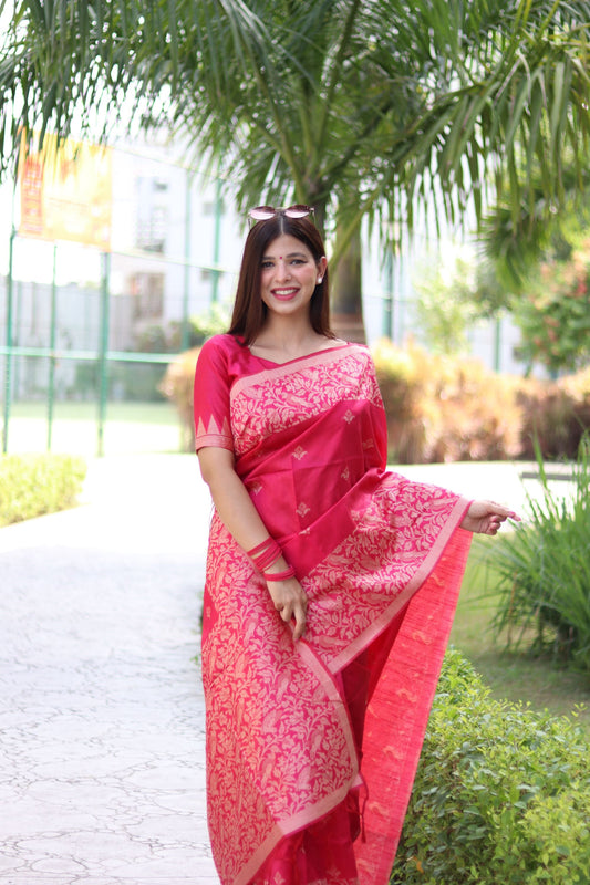 Blossom Pink Handloom Woven Raw Silk Saree With Blouse Piece