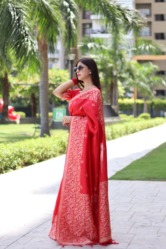 Apple Red Handloom Woven Raw Silk Saree With Blouse Piece