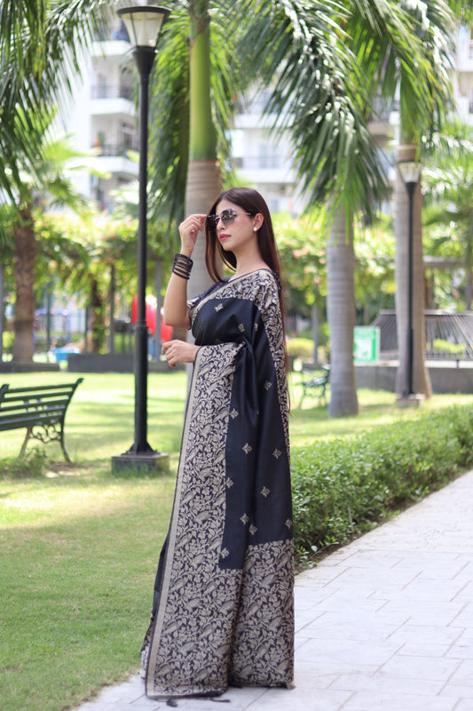 Licorice Black Handloom Woven Raw Silk Saree With Blouse Piece