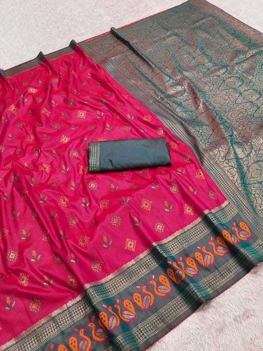 Rani Pink Woven Silk Saree with Bottle Green Peacock Zari Border and Rich Brocade Pallu