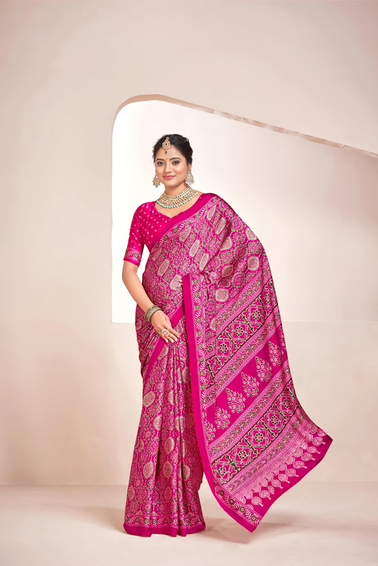 Rani Ajrakh Printed Soft Modal Silk Natural Print Saree