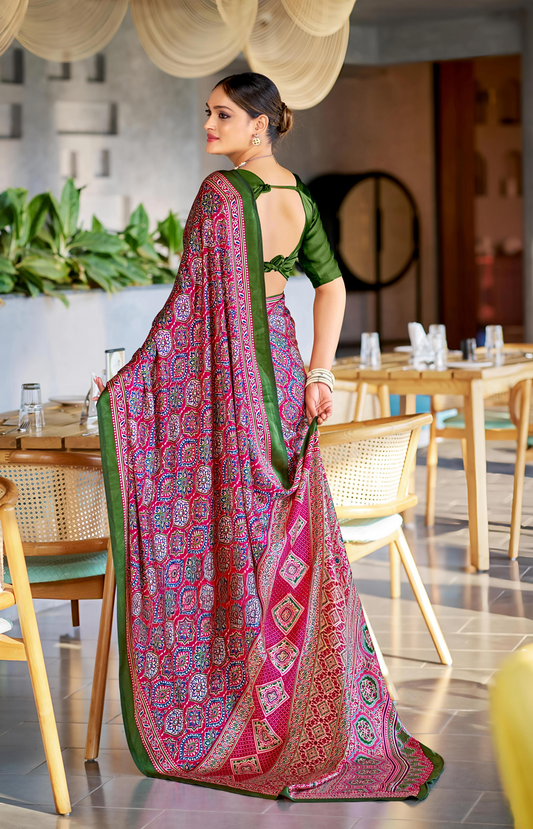 Colorful Rani Ajrakh Printed Soft Modal Silk Natural Print Saree
