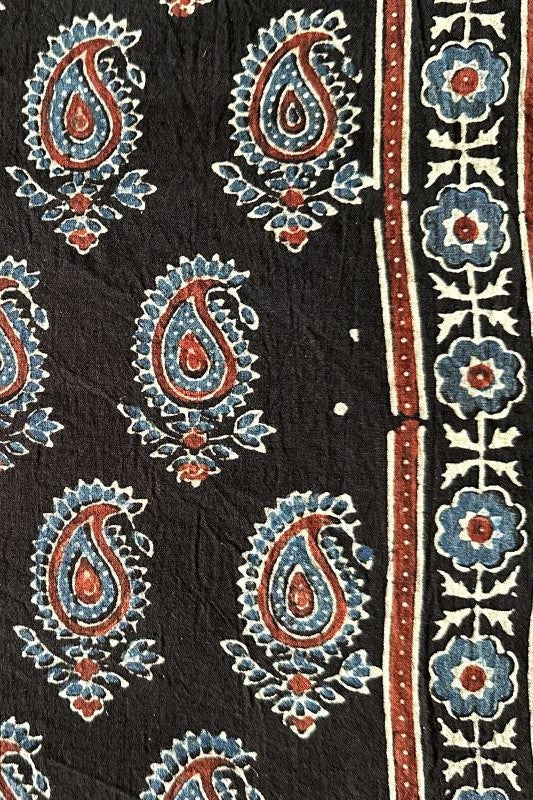 Black Paisley Cotton Ajrakh Fabric (Per Meter)