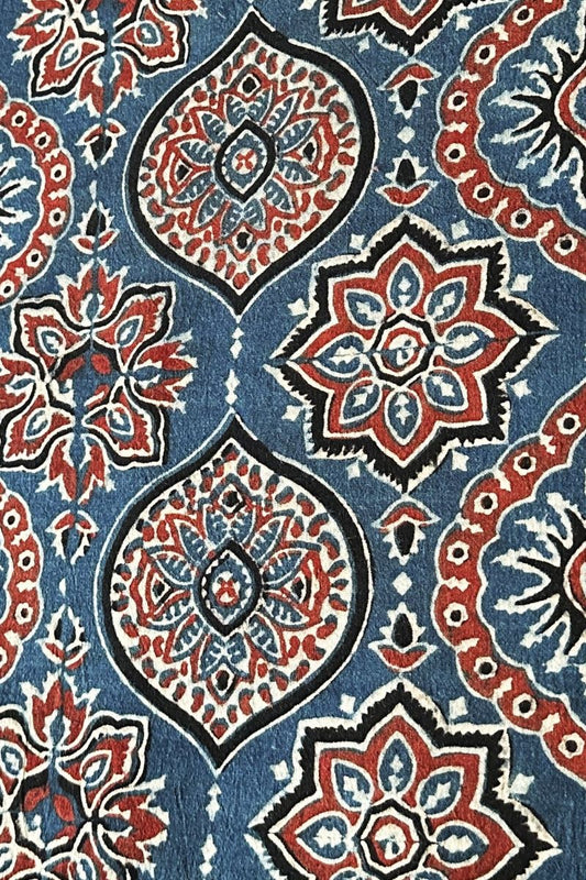 Blue String Cotton Ajrakh Fabric (Per Meter)