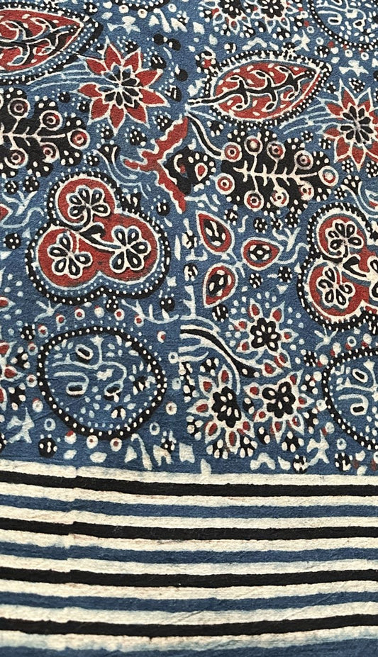 Blue Floral Jaal Cotton Ajrakh Fabric (Per Meter)