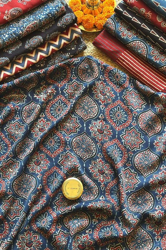 Blue String Modal Silk Ajrakh Fabric (Per Meter)
