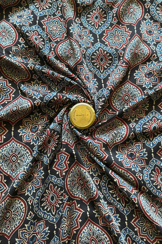 Black String Modal Silk Ajrakh Fabric (Per Meter)