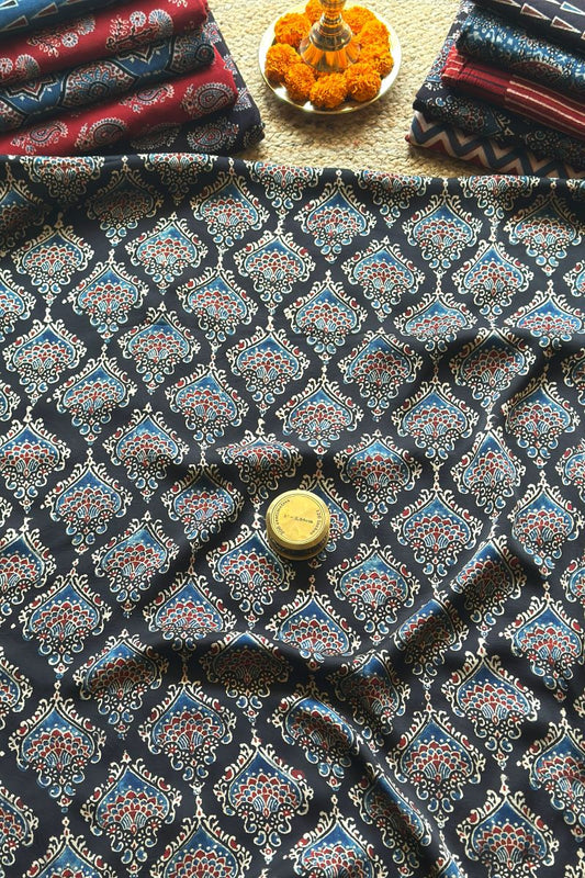 Black Beetel Modal Silk Ajrakh Fabric (Per Meter)