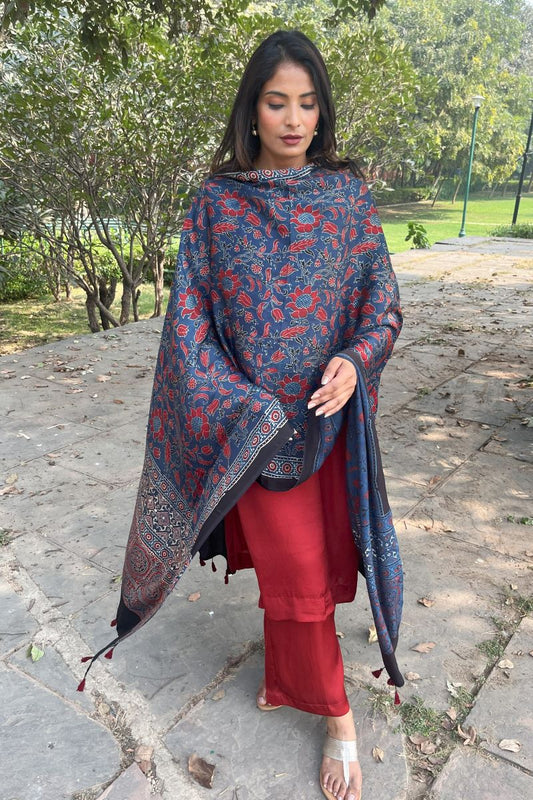 Indigo Floral Jaal Modal Silk Ajrakh Dupatta